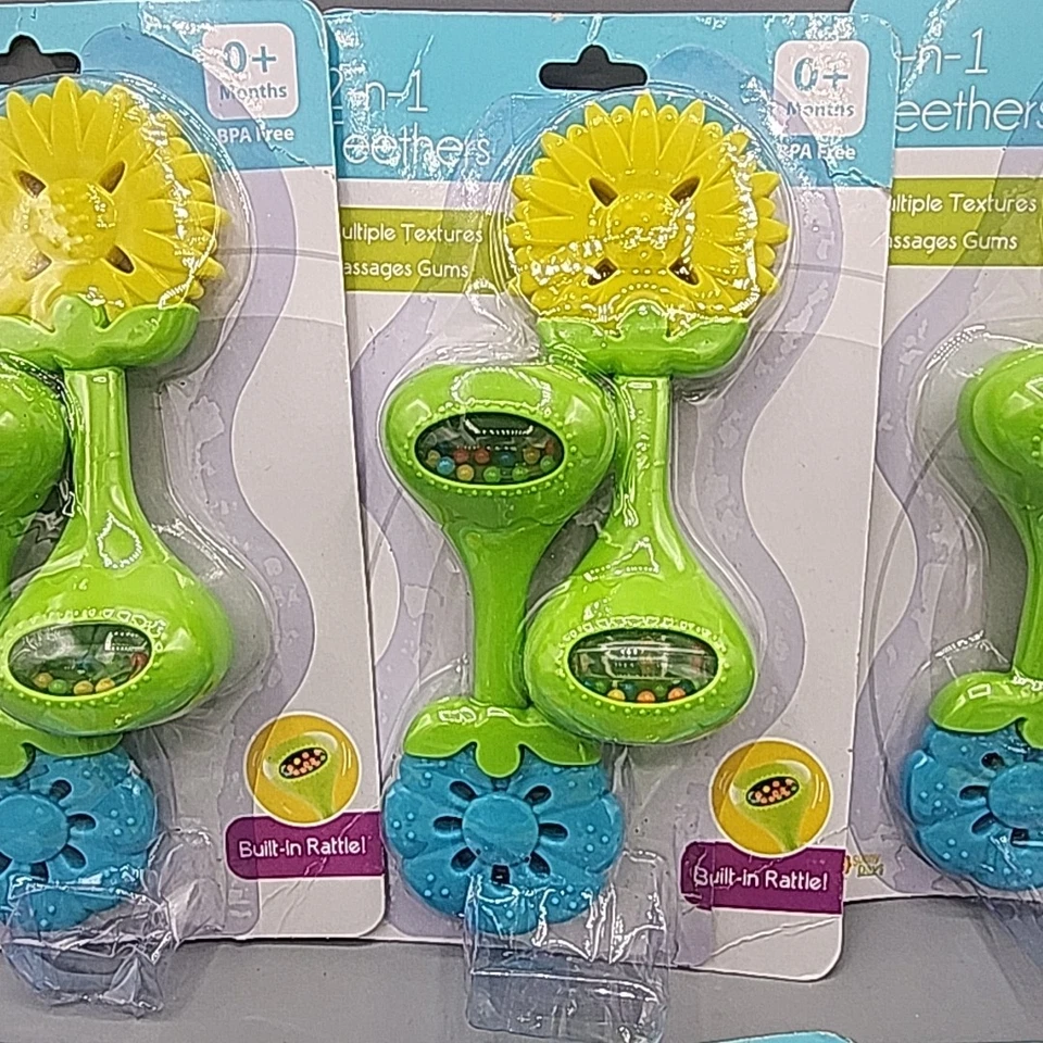 8-pack 16pc 2 In 1 Teethers 0+ Months Yellow Blue Flowers Bilt in Rattle READ - Image 3 of 4