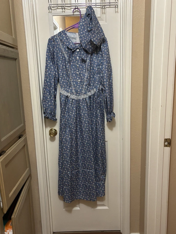 Blue Floral Prairie Colonial Reenactment Dress Pioneer Womens Small & Bonnet - Image 2 of 3