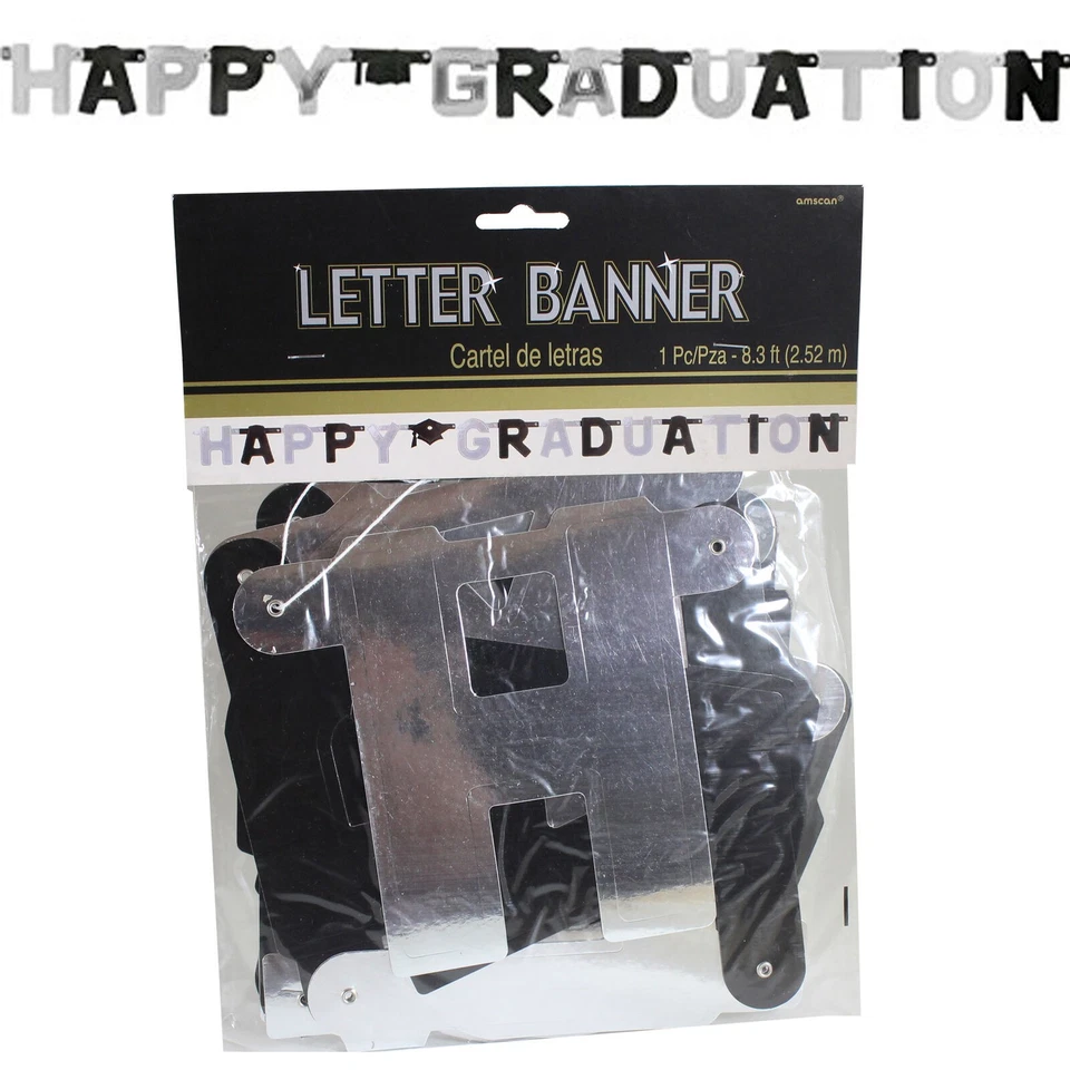 Graduation 8ft Bannière Lettre Noir et Argent - Happy Graduation - Photo 1/1