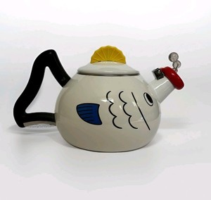 Vtg Kamenstein Fish Teapot Tea Kettle White Whistling Bubbles Enamel