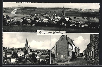 Ansichtskarte Welling, Ortsansicht aus der Vogelschau und Straßenpartie 1961 