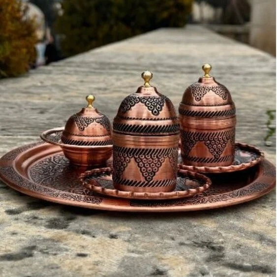Juego de café turco de cobre hecho a mano, tazas de café espresso con bandeja juego de 2 para servir Foto 3 de 4