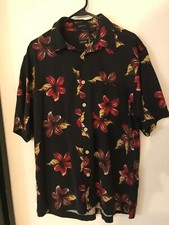 L Men's IZOD Vintage Black  Red Washable Silk Floral Hawaiian Shirt NEVER WORN
