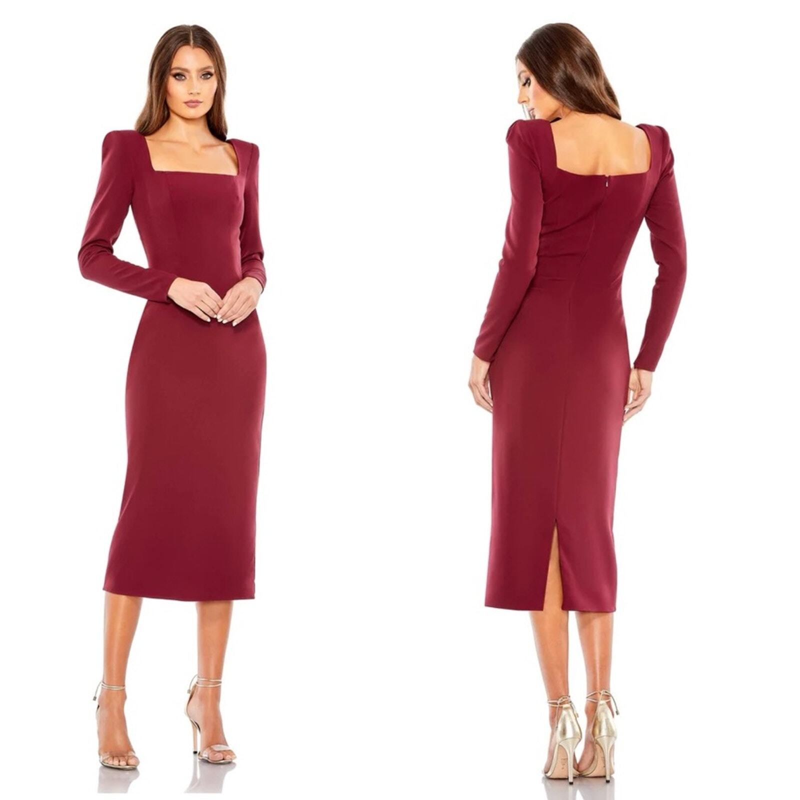 Mac Duggal Puff Shoulder Long Sleeve Midi Crepe Dress Size 6 NWT