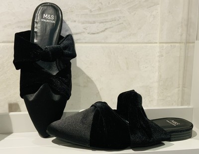 M&S schwarz Satin Samt spitz zulaufend Party Pantolette hochhackig Schuh UK 5 Glam Statement