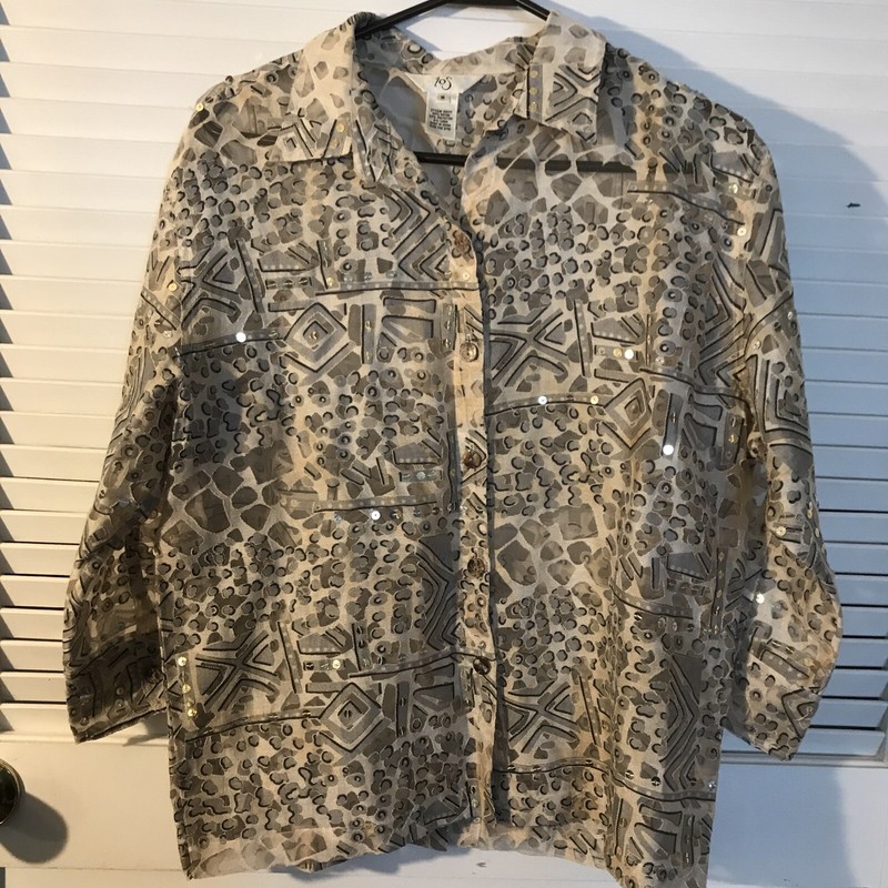 JOS TAN GRAY SEQUINED SIZE MEDIUM TOP BLOUSE EUC