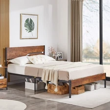 Twin Full Queen Size Bed Frame Industrial Metal Platform Bed w/Headboard Brown