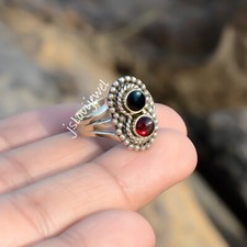 Mozambique Garnet  Black Onyx Gemstone 925 Sterling Silver Girl's Ring/P86