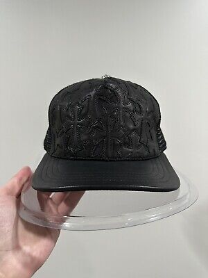 Chrome Hearts Leather Cemetery Cross Patch Black Trucker Hat Chrome Hearts Leather Cemetery Cross Patch Black Trucker Hat