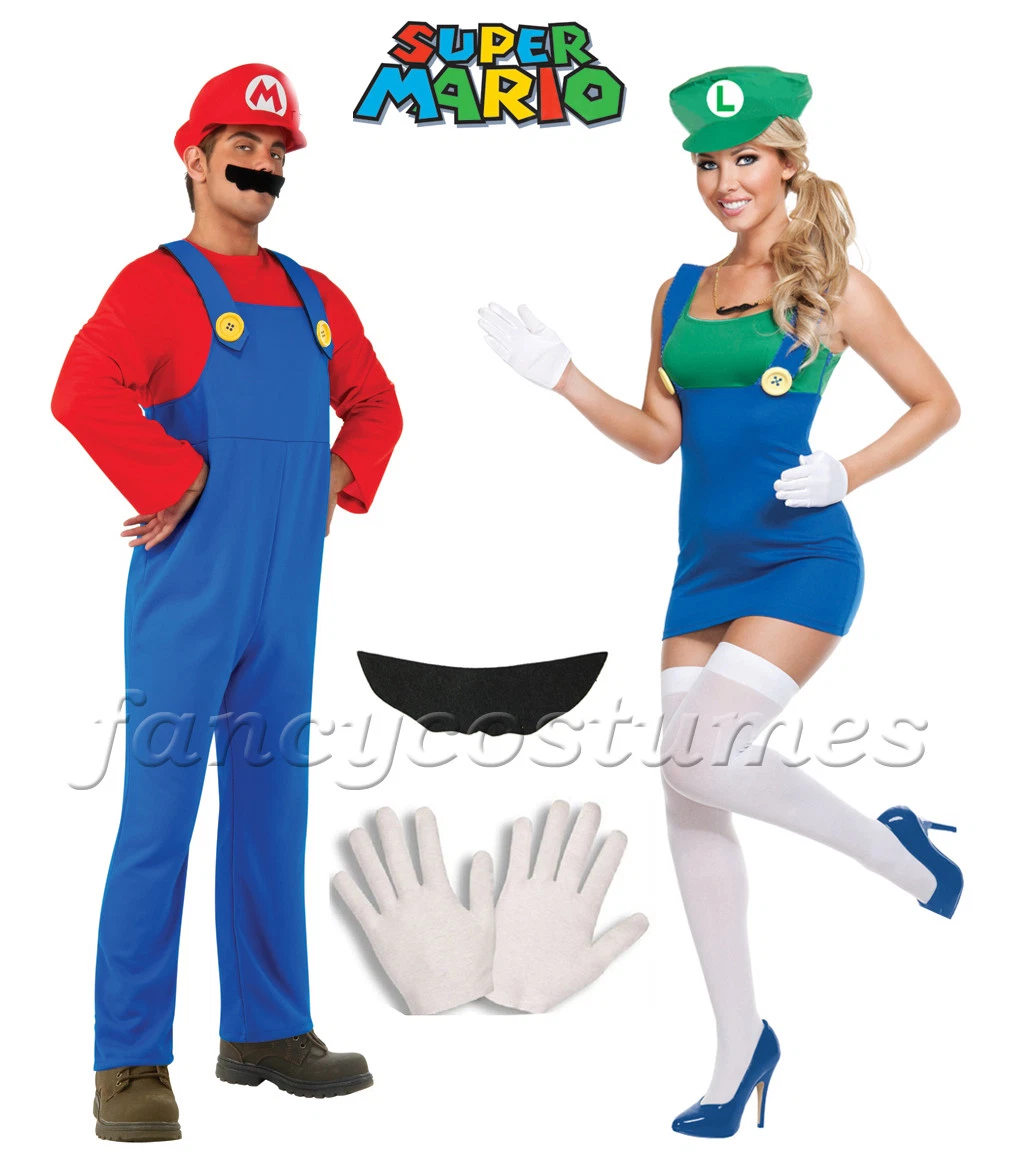 2pz Coppia Costumi Abito Donna Super Mario Luigi e Uomo Mario Idraulico