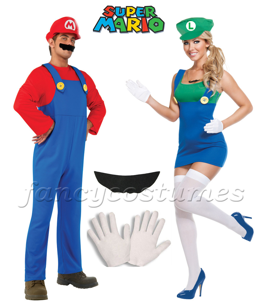 2PCs Couple Womens Super Mario Luigi and Mens Mario Plumber Fancy Dress  Costumes