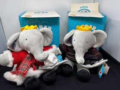 TWO Vintage BABAR & CELESTE  Plush Elephant Winter Holiday Limited Edition Box