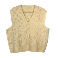 Vintage 70s Handmade Ivory Cable Knit V-Neck Sweater Vest Chest 22.5"