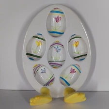 Ceramic Egg Shaped Deviled Egg Plate w/Easter Egg Designs and Duck Feet, Holds 6