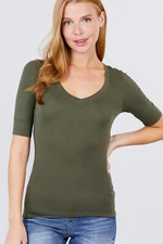 Women Basic Solid Stretch Elbow Sleeve Cotton V Neck Top Shirt T9671