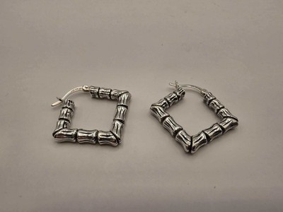 Sterling Silver Square Bamboo Hoop Earrings 1'' 925 Vintage 90s Style Statement D
