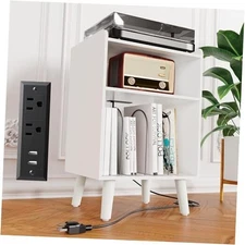 Record Player Stand, Turntable Stand with Record Storage and Charging White