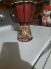 Mini Djembe Drum Hand Carved Relief Wood  8” Tall 5” Head Bongo