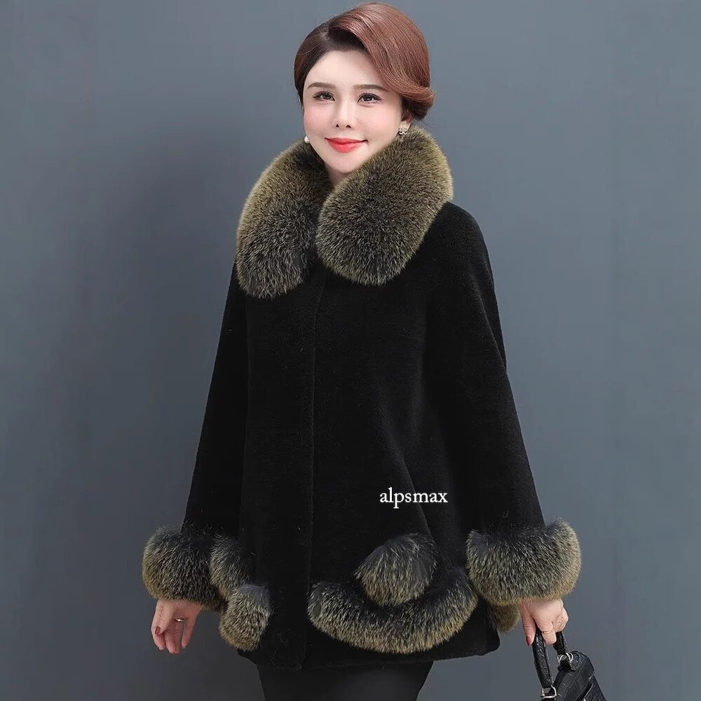 100% Wool Lamb Shearling Coat with Real Fox Fur Collar Winter Womens Overcoat Warm Size