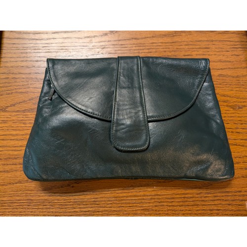Vintage Unbranded Dark Green Leather Slouchy Envelope Clutch Bag