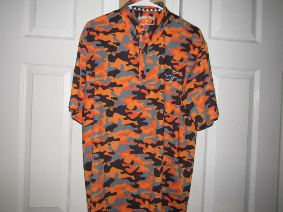 NWOT TATTOO GOLF Polo Golf Shirt Men's Large Orange Black Gray Camo Collection - Image 2 of 4