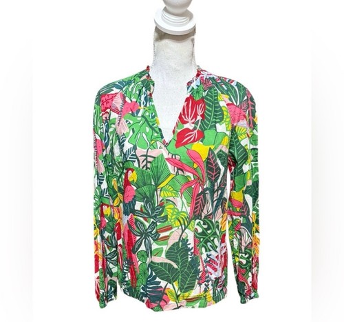 Boden Heather Top Parrot Tropical Print Popover 100% Cotton W0702 Size 4 - Picture 3 of 4