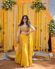 INDIAN BOLLYWOOD DESIGNER INDO WESTERN DRESS DHOTI BLOUSE AND SHRUG DRESS HALDI