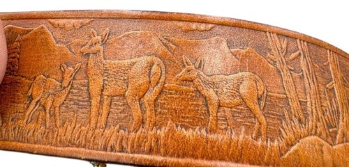 Vintage Deer Buck Doe Hunter 1977 Bergamot Buckle with Embossed Deer Belt - Picture 7 of 9