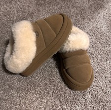 UGG Women's Brown Suede Slip-On Slippers with Shearling Fur Lining and Fur Trim