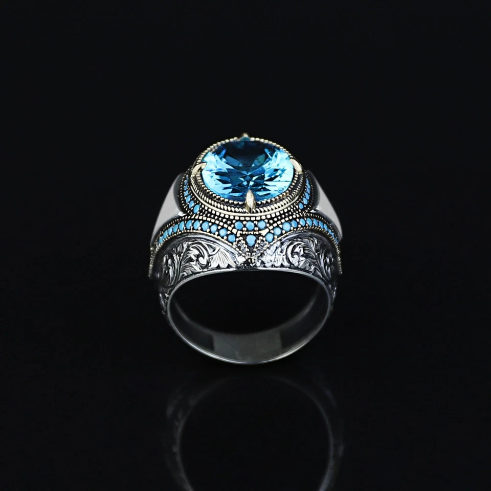 Anillo otomano de plata 925 con piedras preciosas azules aguamarina Foto 2 de 4