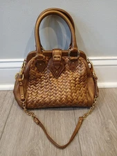 NEW Cole Haan Village Weave Leather Shoulder Bag Gold Chain Purse Top Handle Tan