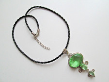 Collana Girocollo Argento Cristallo Peridoto Verde su Cordoncino Nero Look Antico Pendente