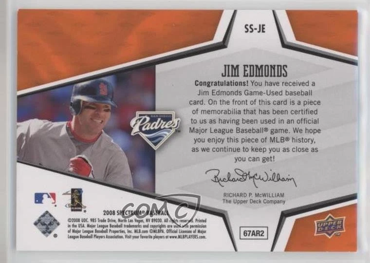 2008 Upper Deck Spectrum Spectrum Swatches Orange /75 Jim Edmonds #SS-JE - Image 2 of 2