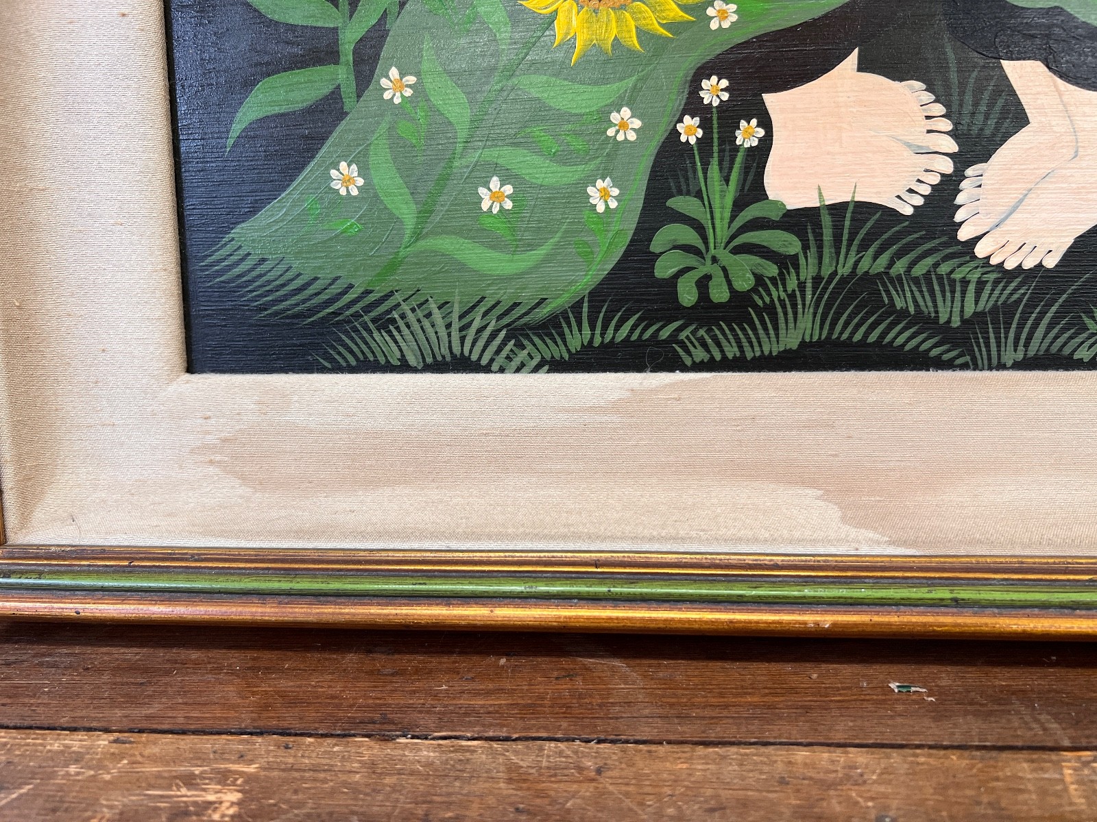 Carlos Perteagudo “Three Figures and Sunflowers” Signed Oil on Board Folk Naïve