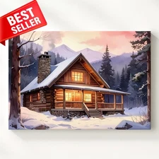 Cozy Winter Forest Snow Cabin Snowy Retreat Warm Interior Glow Canvas Wall Art