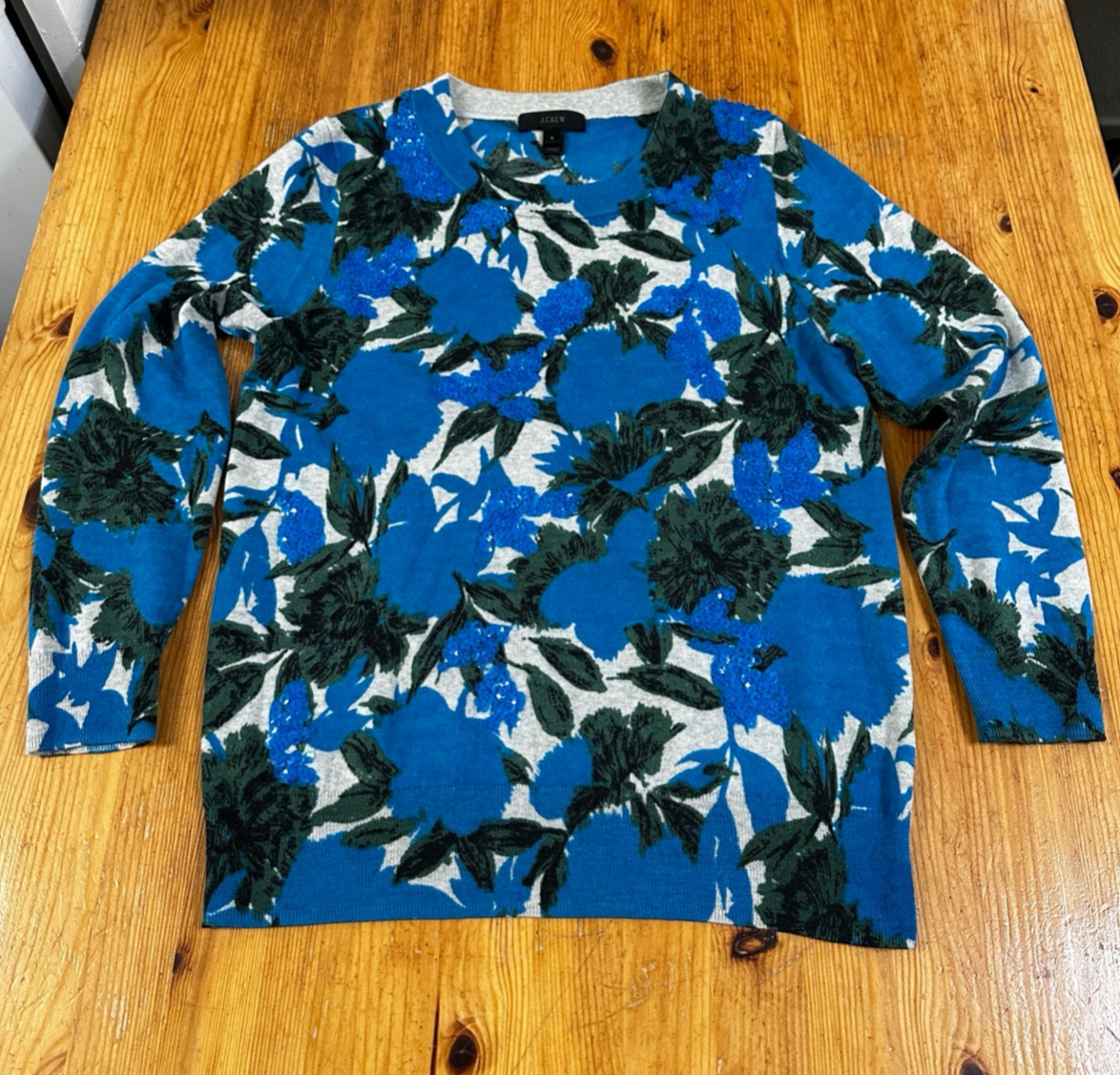 J,Crew Women Sweater Merino wool sequin floral green 3/4 sleeve Size S