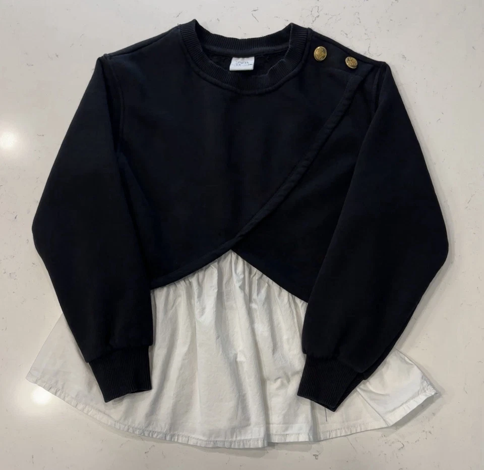 ZARA Girls Layered Tunic Top 8-9Y Gold Button Shoulder Dark Navy Contrast Hem - Image 3 of 4