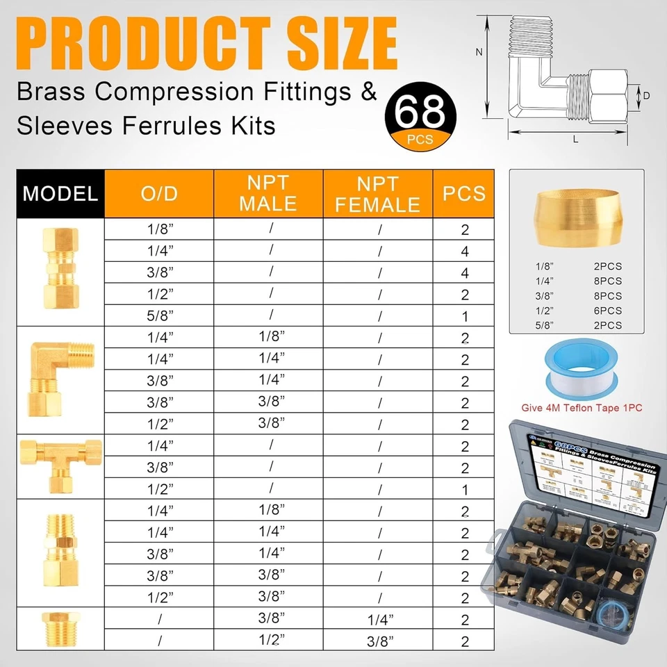 Brass Tube Fittings Kit - 68pcs Union Tee Elbow Connectors - Image 4 of 4