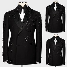 Black Men's Suits Luxury Beaded Double Breasted Peak Lapel Wedding Tuxedo 2Pcs