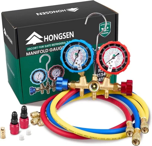 HVAC Manifold Gauge Set with Brass Body Compatible with R410A, R32, R134a, R22