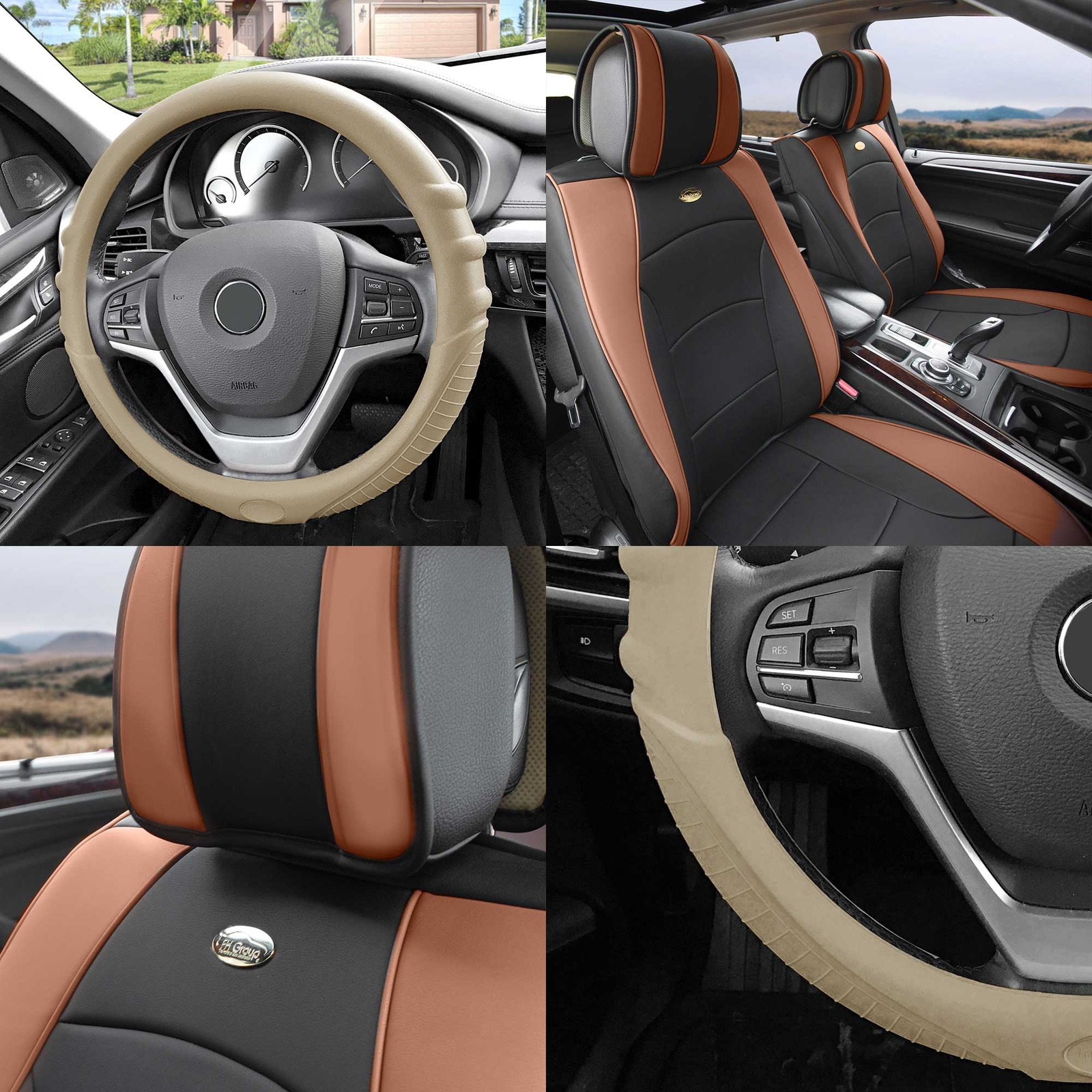 FH Group Universal Fit Leatherette Car Seat Covers Front Set w/ Steering Cover