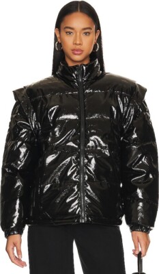SAPEur　Puffer Jacket We Wore What Snap Off Sleeve Shiny Faux leather Puffy Jacket in