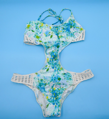 Victorias Secret Small Blue Foral Crochet Accent Halter One Piece Swimsuit Beach