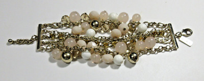 SIGNED THE LIMITED 8.5'' Gold tone metal pink white bead CHUNKY wrap  BRACELET