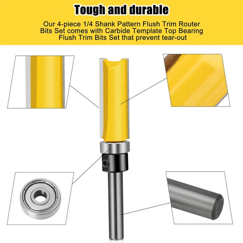 4 Stck. 1/4 Zoll Schaft Top Lager Bündig Trim Hartmetall Router Bit Set Fräser USA - Bild 6 von 11