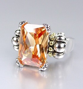 Authentic EXQUISITE White Gold Plated Emerald Cut Brown Champagne Crystal Glacier Ring