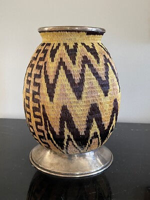Wounaan Panama Rain Forest Native Indian Woven Basket Sterling Silver Rim & Base
