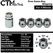 4x Chrome 1/2-20 Open End Anti-Theft Wheel Lock Lug Nut + Key Fit Ford Models 