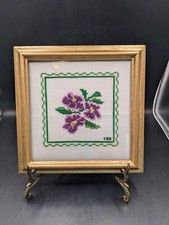 Vintage 1988 Framed Floral Cross-stitch Picture 7x7. Purple Gold Frame