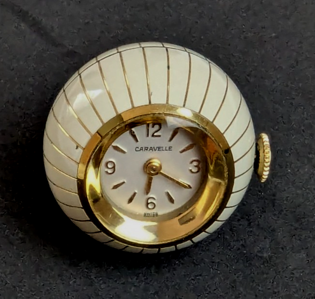 Vtg 60s Caravelle Swiss Ladies Gold White Enamel Ball Orb Pendant Watch Works!